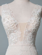 Simple Wedding Dress Lace A Line V Neck Sleeveless Beaded Floor Length Feather Bridal Gown