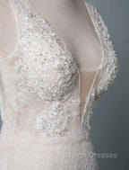 Simple Wedding Dress Lace A Line V Neck Sleeveless Beaded Floor Length Feather Bridal Gowns