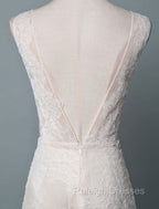 Simple Wedding Dress Lace A Line V Neck Sleeveless Beaded Floor Length Feather Bridal Gowns