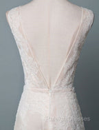 Simple Wedding Dress Lace A Line V Neck Sleeveless Beaded Floor Length Feather Bridal Gown