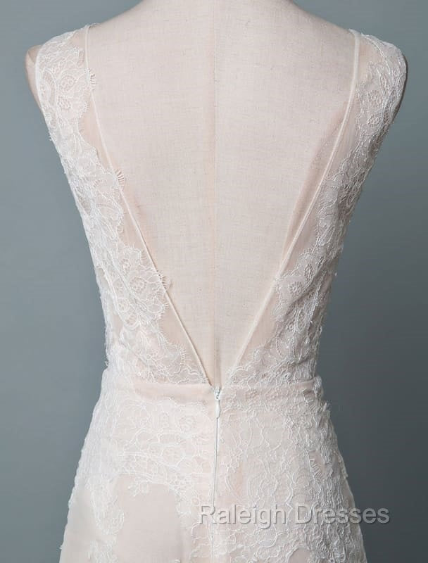 Simple Wedding Dress Lace A Line V Neck Sleeveless Beaded Floor Length Feather Bridal Gown