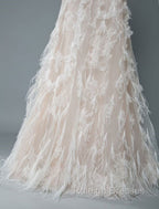 Simple Wedding Dress Lace A Line V Neck Sleeveless Beaded Floor Length Feather Bridal Gown