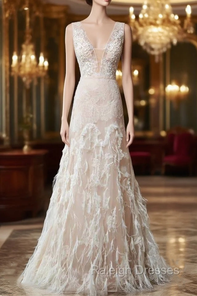 Simple Wedding Dress Lace A Line V Neck Sleeveless Beaded Floor Length Feather Bridal Gowns Main image