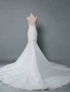 Simple Wedding Dresses Lace V Neck Sleeveless Lace Mermaid Bridal Dress With Train