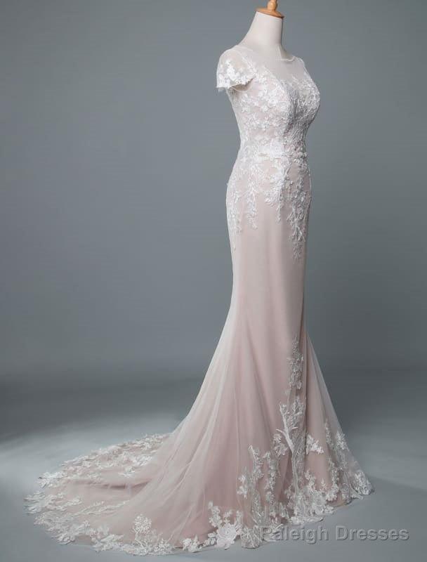 Simple Wedding Dresses Mermaid Jewel Neck Short Sleeves Floor Length Customized Lace Bridal Gown With Train