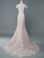 Simple Wedding Dress Mermaid Jewel Neck Short Sleeves Floor Length Customized Lace Bridal Gowns With Train