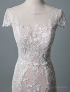 Simple Wedding Dresses Mermaid Jewel Neck Short Sleeves Floor Length Customized Lace Bridal Gown With Train
