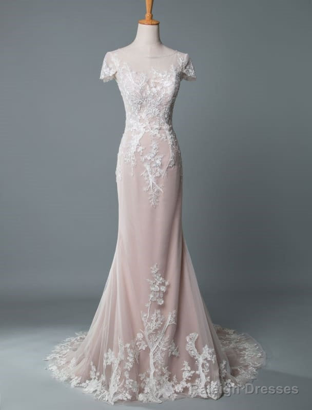 Simple Wedding Dress Mermaid Jewel Neck Short Sleeves Floor Length Customized Lace Bridal Gowns With Train Main image