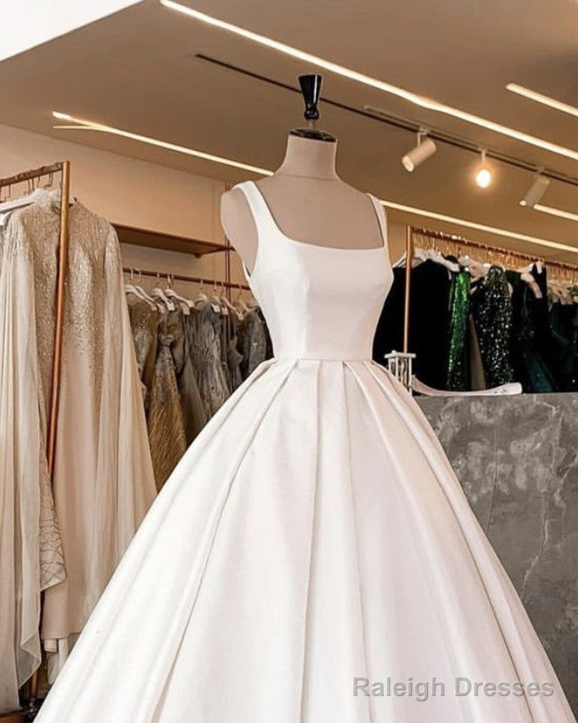 Simple Wedding Dresses Satin Square Neckline Straps Ball Gowns