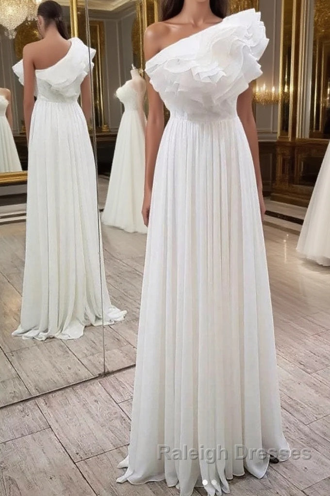 Simple white chiffon long prom dress, white evening dress