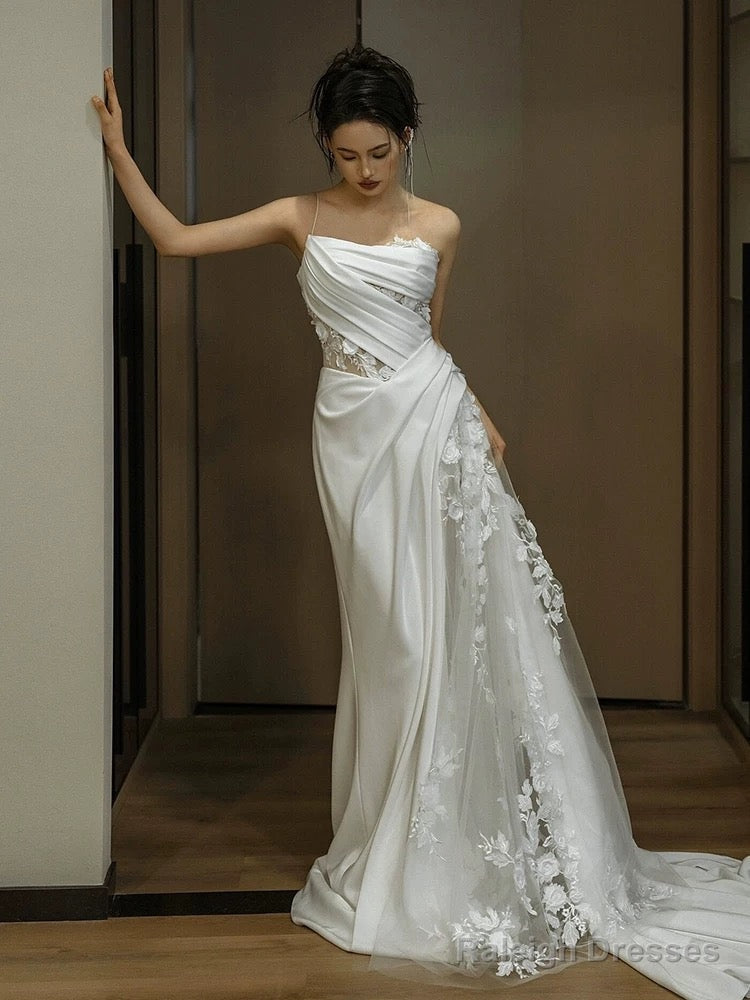 Simple White Mermaid One Shoulder Satin Lace Pleats Wedding Dresses