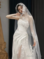 Simple White Mermaid One Shoulder Satin Lace Pleats Wedding Dress