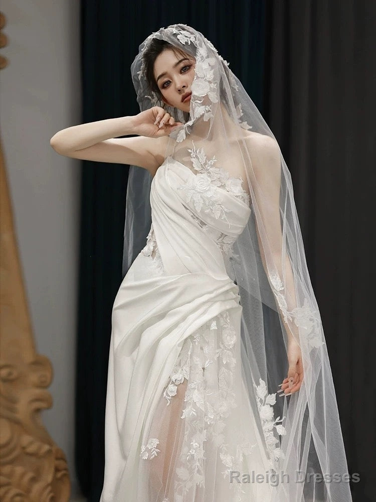 Simple White Mermaid One Shoulder Satin Lace Pleats Wedding Dress