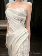 Simple White Mermaid One Shoulder Satin Lace Pleats Wedding Dresses