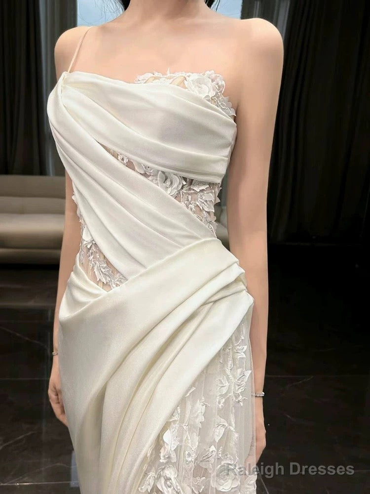 Simple White Mermaid One Shoulder Satin Lace Pleats Wedding Dresses