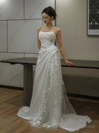 Simple White Mermaid One Shoulder Satin Lace Pleats Wedding Dress