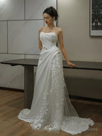 Simple White Mermaid One Shoulder Satin Lace Pleats Wedding Dresses