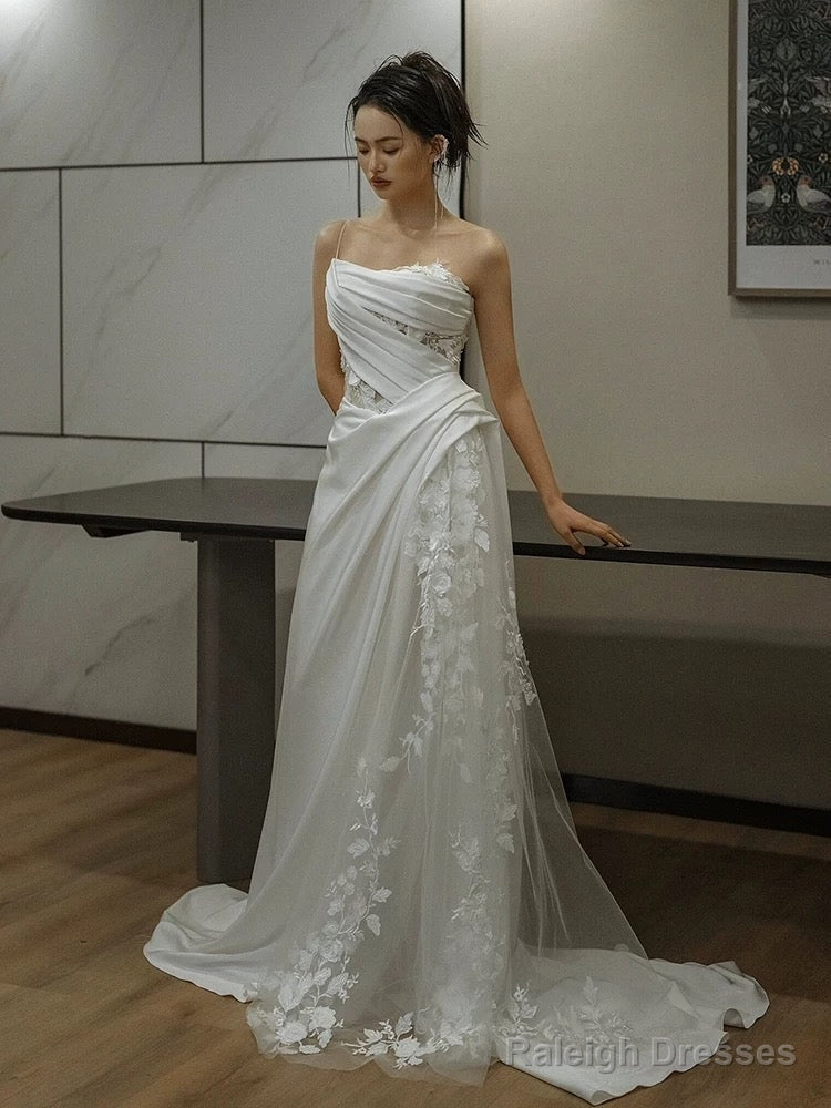 Simple White Mermaid One Shoulder Satin Lace Pleats Wedding Dresses