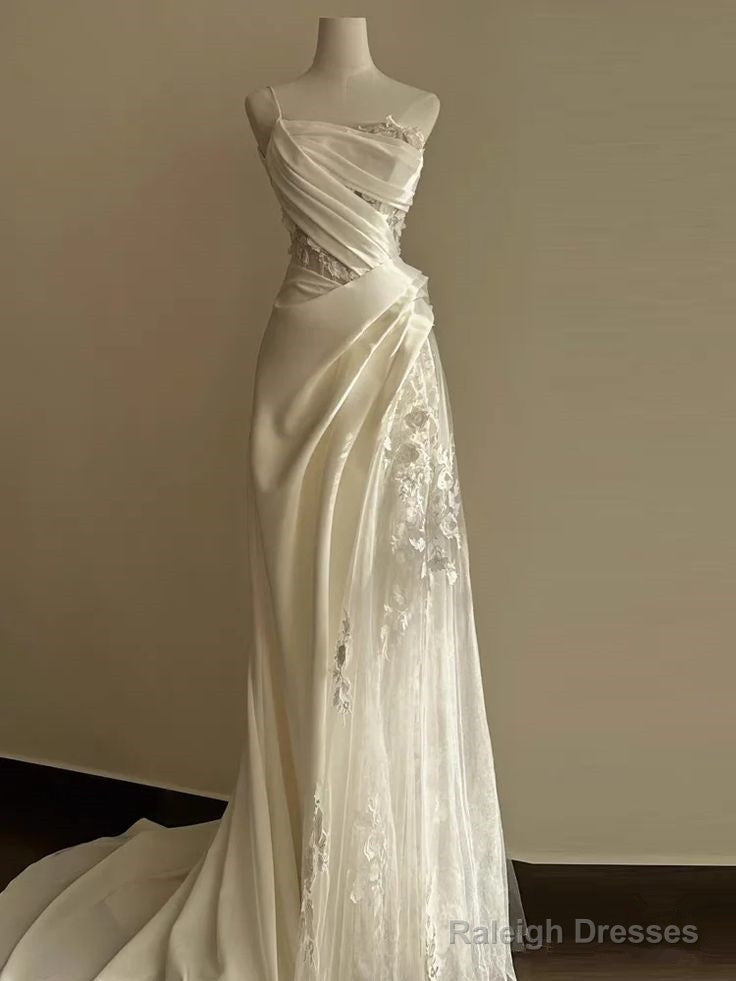 Simple White Mermaid One Shoulder Satin Lace Pleats Wedding Dresses