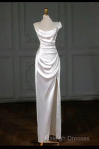 Simple White Mermaid Satin Strapless Pleats Wedding Dress