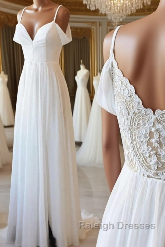 Simple white off shoulder chiffon lace long prom dress evening dress Main image