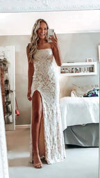 Simple White Prom Dresses Modest Slit Prom Dress Lace Wedding Gowns