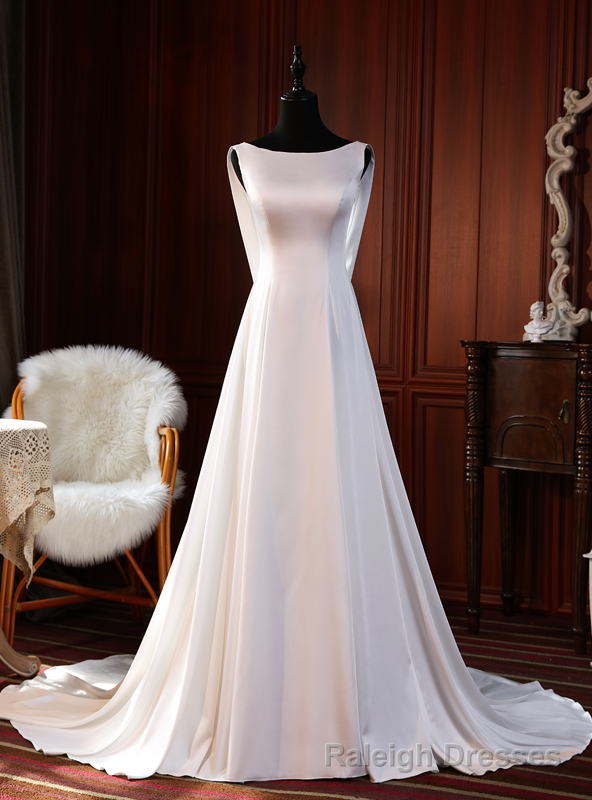 Simple White Satin Sleeve Wedding Dress Main image