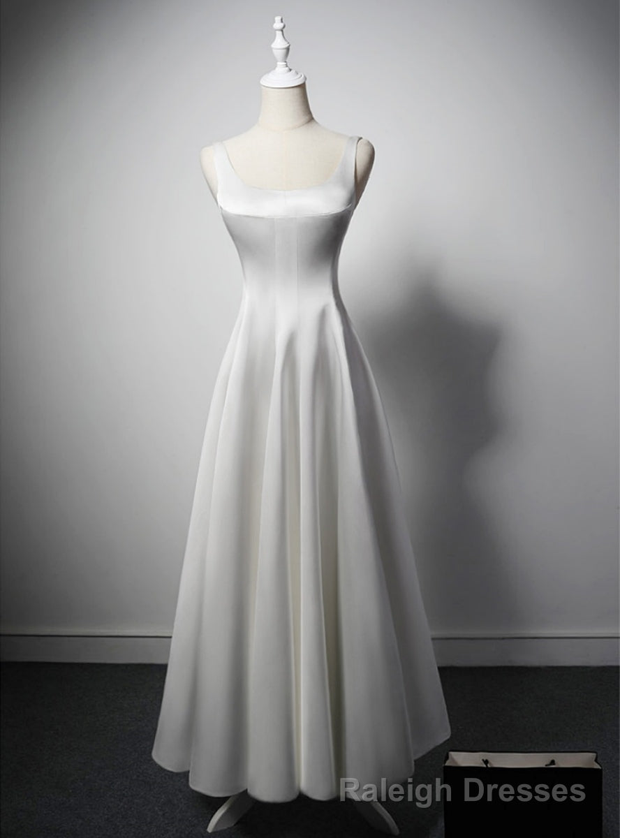 Simple White Satin Straps Ankle Length Wedding Dress