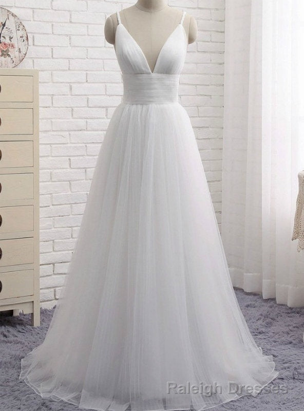 Simple White Spaghetti Straps Tulle V Neck Backless Wedding Dress