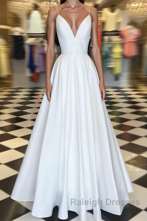 Simple white v neck satin Prom Dresses Long white Prom Dresses