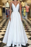 Simple white v neck satin Prom Dresses Long white Prom Dresses