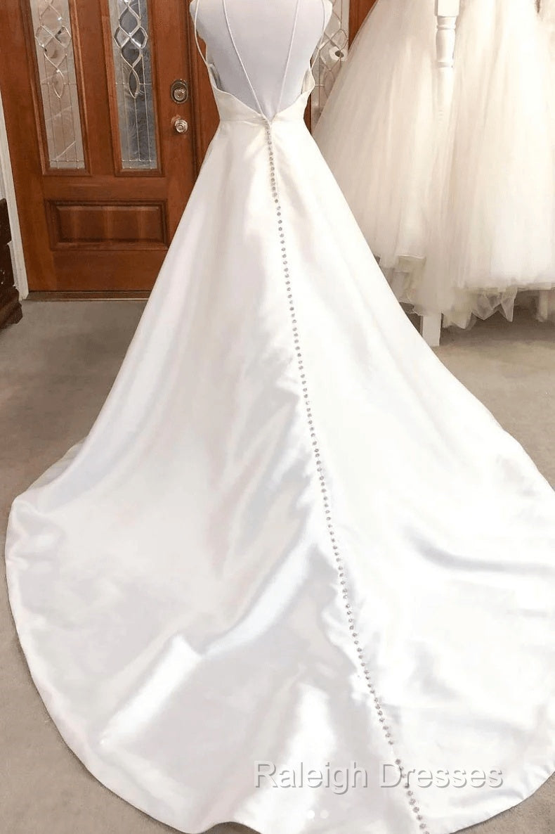 Simple White V Neck Satin Long Wedding Dress White Bridal Dress Secondary image