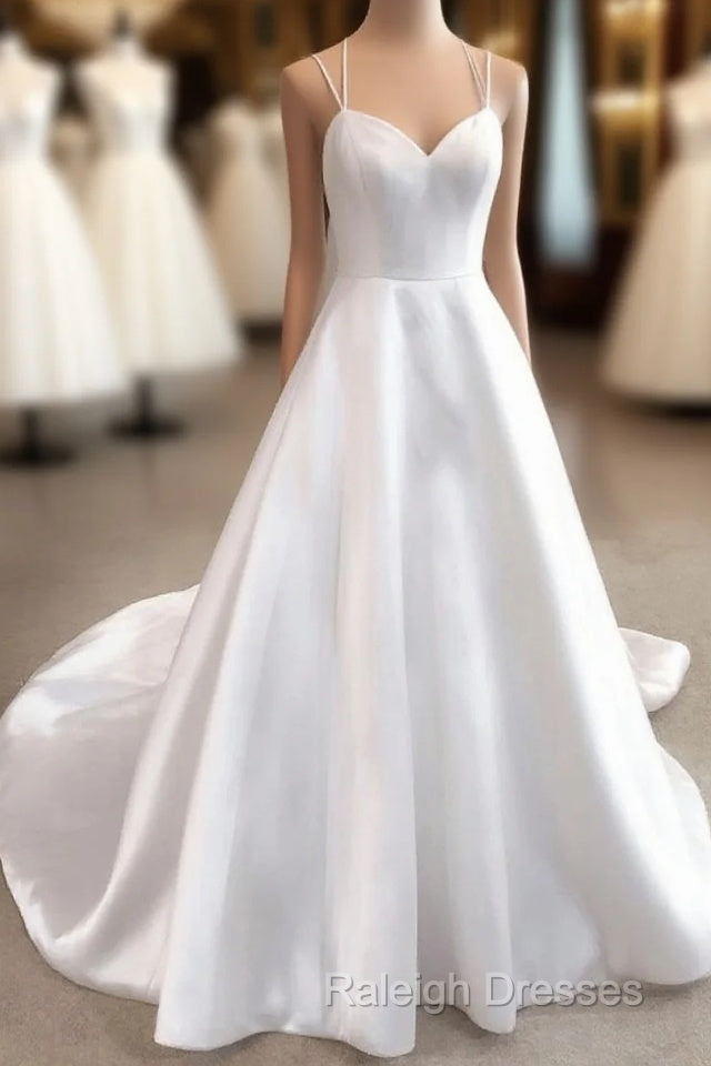 Simple White V Neck Satin Long Wedding Dress White Bridal Dress Main image