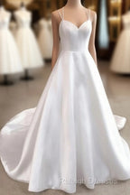 Simple White V Neck Satin Long Wedding Dress White Bridal Dress