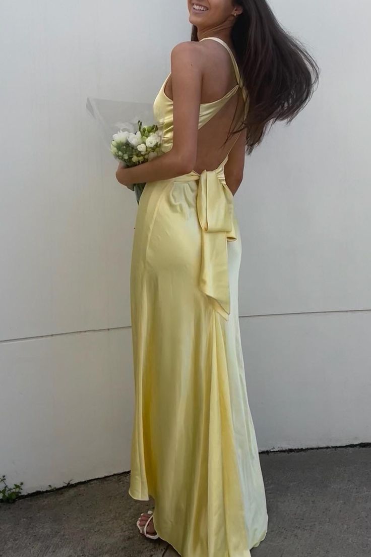 Simple Yellow A-Line Prom Dresses Long For Prom&Guest-V Neck Satin Beautiful Backless Prom Dresses
