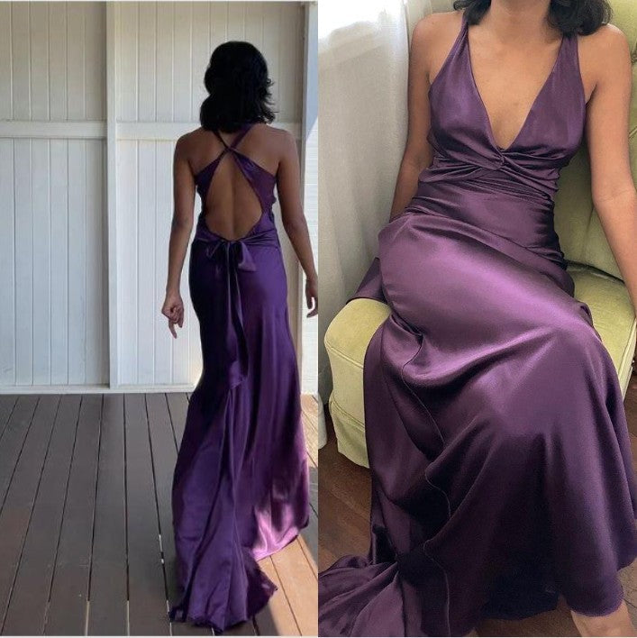 Simple Yellow A-Line Prom Dresses Long For Prom&Guest-V Neck Satin Beautiful Backless Prom Dresses