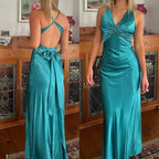 Simple Yellow A-Line Prom Dresses Long For Prom&Guest-V Neck Satin Beautiful Backless Prom Dresses
