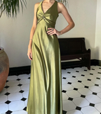 Simple Yellow A-Line Prom Dresses Long For Prom&Guest-V Neck Satin Beautiful Backless Prom Dresses