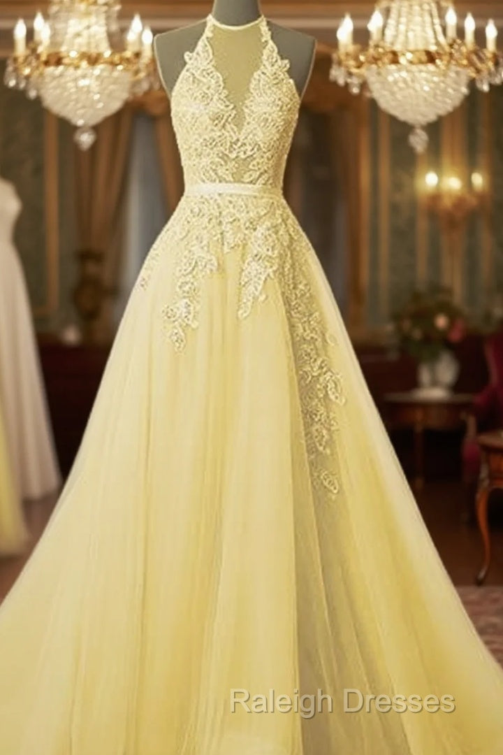 Simple Yellow Lace Prom Dresses With Beading
