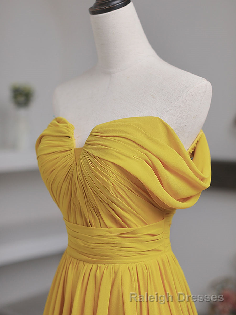 Simple Yellow Off Shoulder Long Prom Dress, Yellow Chiffon Graduation Dresses Secondary image