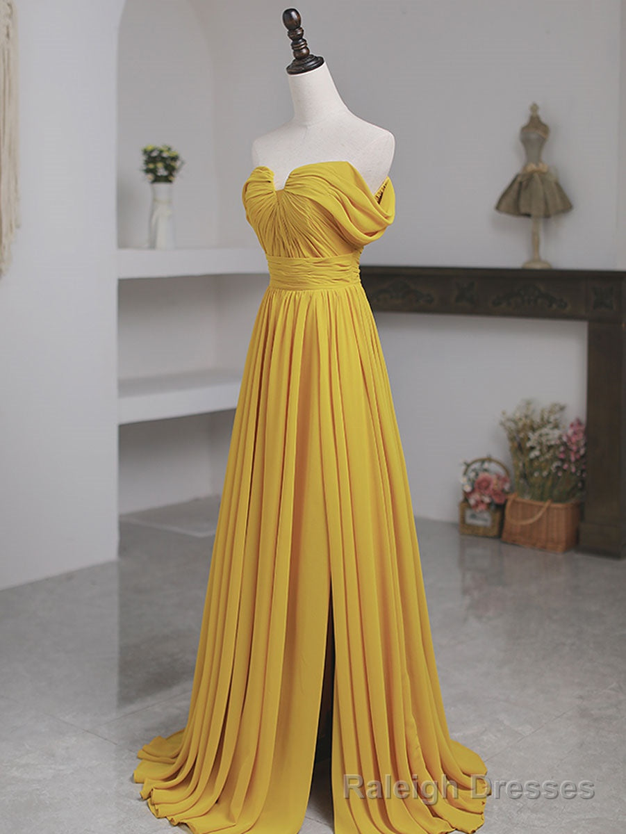Simple Yellow Off Shoulder Long Prom Dress, Yellow Chiffon Graduation Dresses Main image