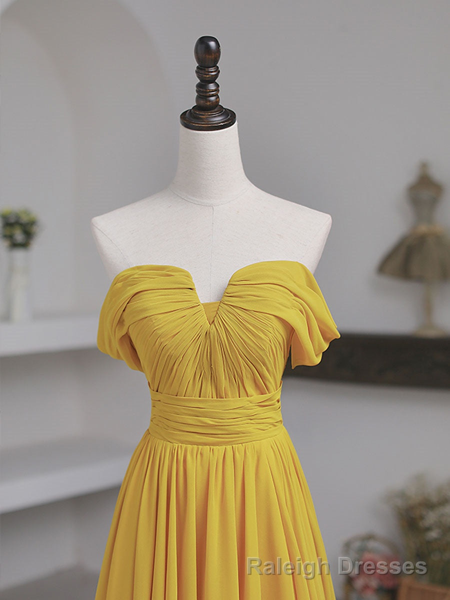 Simple Yellow Off Shoulder Long Prom Dress, Yellow Chiffon Graduation Dresses