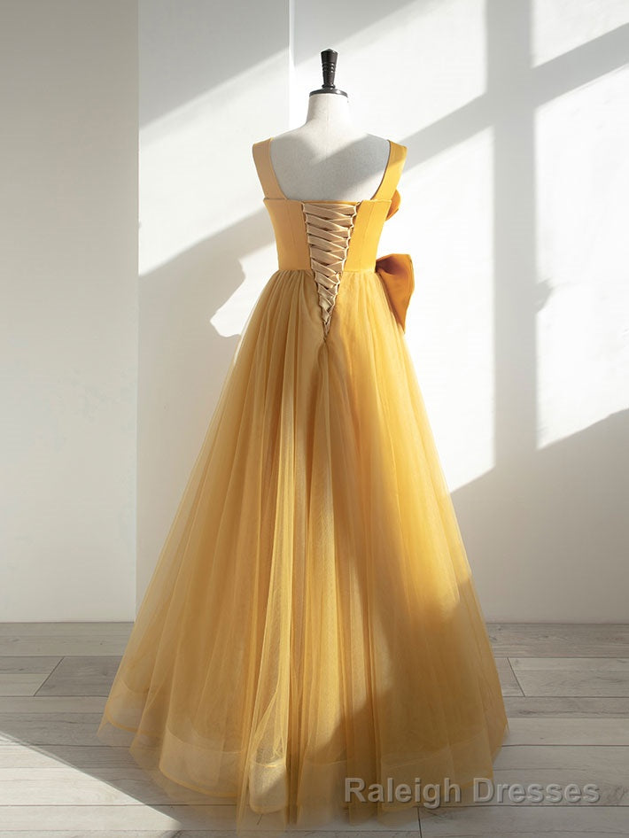 Simple Yellow Tulle Long Prom Dress, Yellow Formal Bridesmaid Dresses Main image