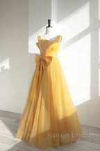 Simple Yellow Tulle Long Prom Dress, Yellow Tulle Formal Dress