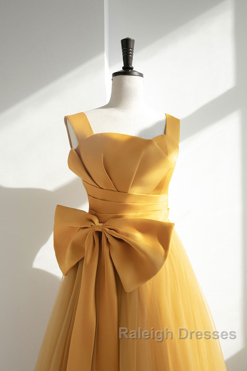 Simple Yellow Tulle Long Prom Dress, Yellow Tulle Formal Dress