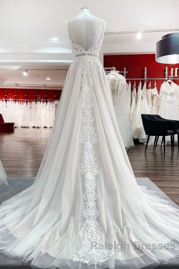 Simply Long A-line Tulle Lace Open Back Wedding Dresses