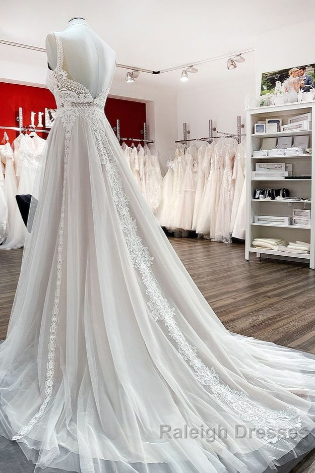 Simply Long A Line Tulle Lace Open Back Wedding Dress