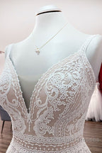 Simply Long A Line Tulle Lace Open Back Wedding Dress
