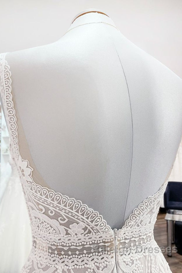 Simply Long A-line Tulle Lace Open Back Wedding Dresses