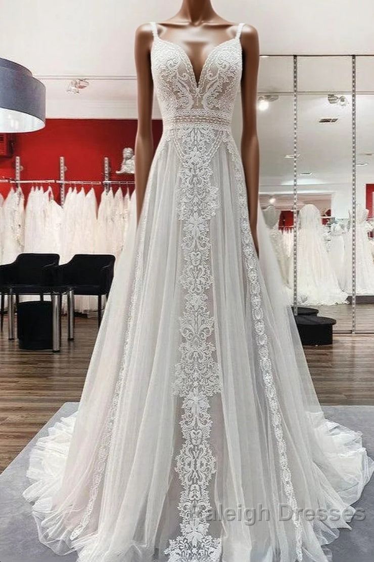Simply Long A-line Tulle Lace Open Back Wedding Dresses